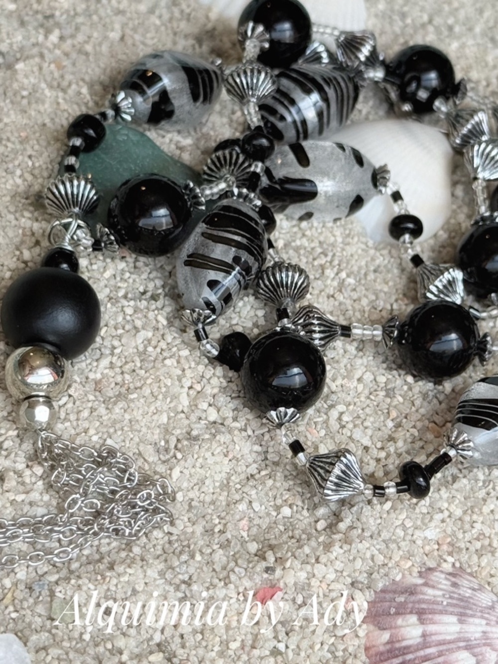 HIGH SUMMER +XL FRINGE Black & Silver Beaded Necklace + CHUNKY
